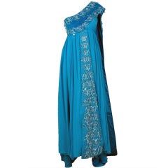 Vintage 1940's Heavily-Beaded Blue Crepe-Chiffon & Velvet Goddess Gown