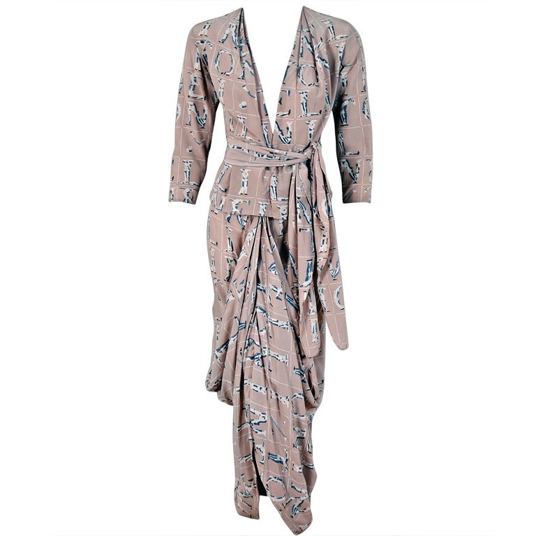1930's Lucien Lelong Haute-Couture Novelty Surrealism Print-Silk Draped Dress