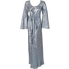 1970's Halston Metallic-Silver Lame Belted Bell-Sleeve Evening Gown ...