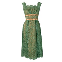 Vintage 1950's Ceil Chapman Sage-Green Lace Scalloped Shelf-Bust Cocktail Dress