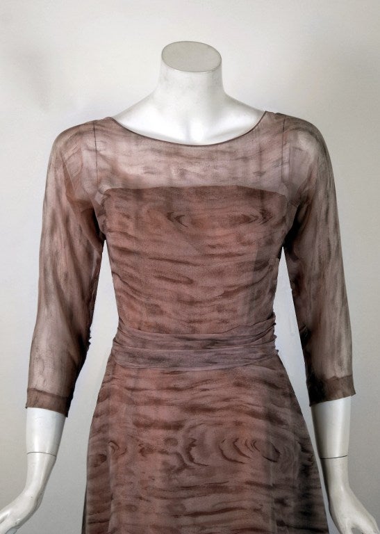 Women's 1950's Eleanora Garnett Couture Novelty Wood-Print Chiffon Pleated Dress