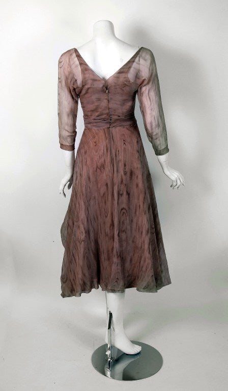 1950's Eleanora Garnett Couture Novelty Wood-Print Chiffon Pleated Dress 1
