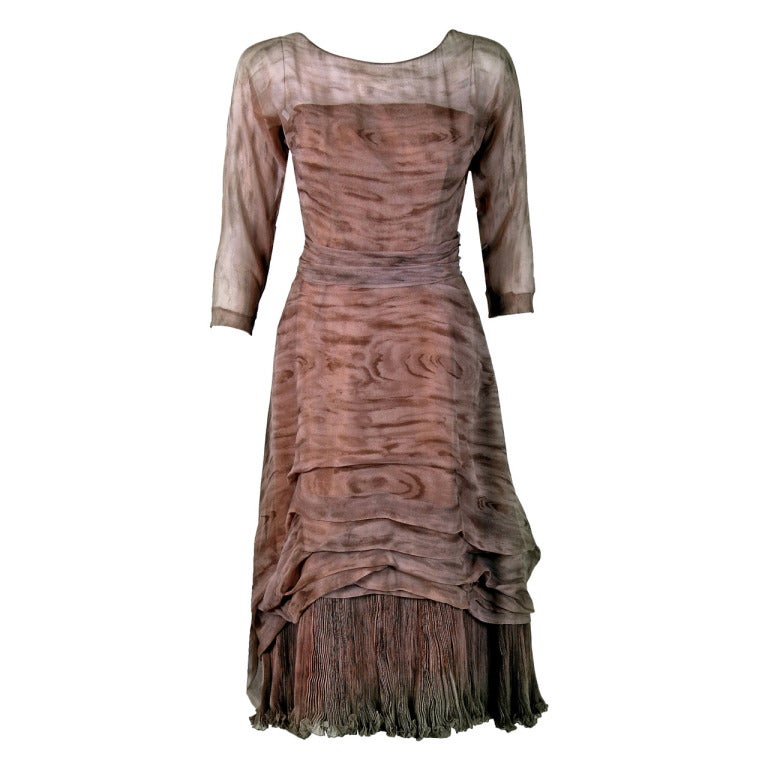 1950's Eleanora Garnett Couture Novelty Wood-Print Chiffon Pleated Dress