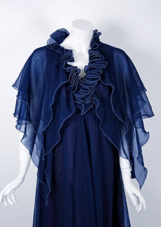 Black 1970's Jean Varon Navy-Blue Chiffon Grecian Goddess Capelet Caftan Gown