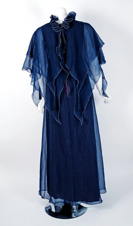 Women's 1970's Jean Varon Navy-Blue Chiffon Grecian Goddess Capelet Caftan Gown