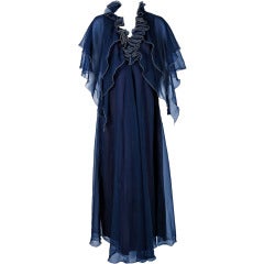 Vintage 1970's Jean Varon Navy-Blue Chiffon Grecian Goddess Capelet Caftan Gown