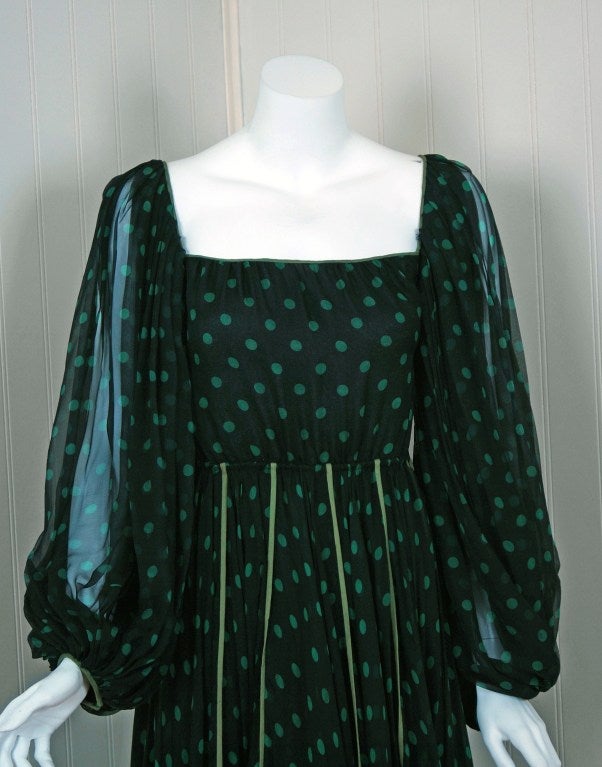 1970's Galanos Polka-Dot Green & Black Silk Chiffon Billow-Sleeve Party Dress In Excellent Condition In Beverly Hills, CA