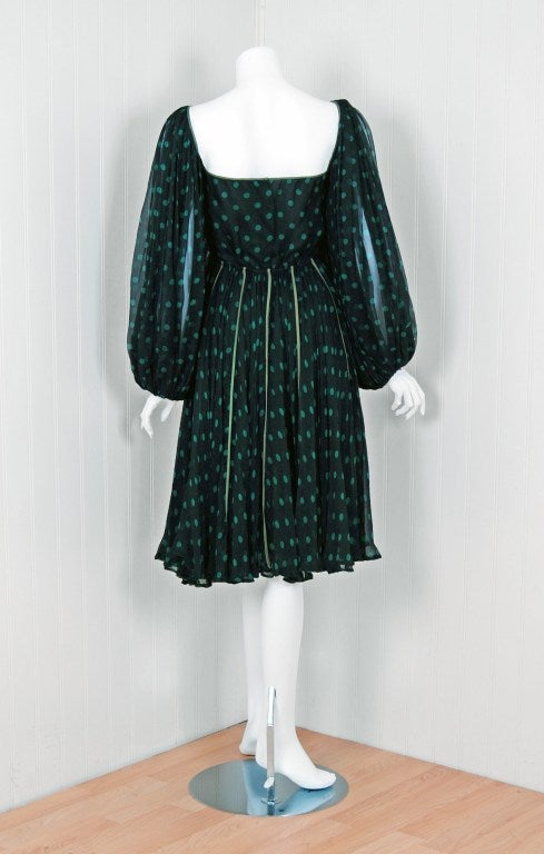 1970's Galanos Polka-Dot Green & Black Silk Chiffon Billow-Sleeve Party Dress 1