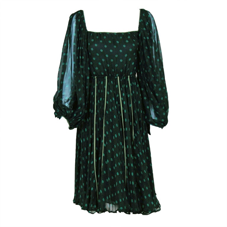 1970's Galanos Polka-Dot Green & Black Silk Chiffon Billow-Sleeve Party Dress