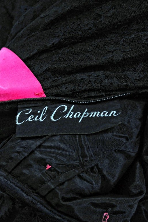 Vintage 1950's Ceil Chapman Black & Pink Lace Strapless Peplum Hourglass Gown For Sale 1