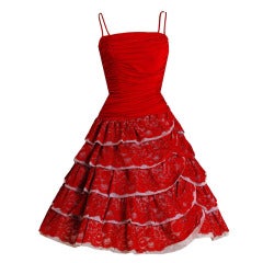1950's Elegant Ruby-Red Ruched Jersey & Lace Tiered Full Party Dress