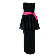 1950's Ceil Chapman Black & Pink Chantilly Lace Strapless Peplum Gown