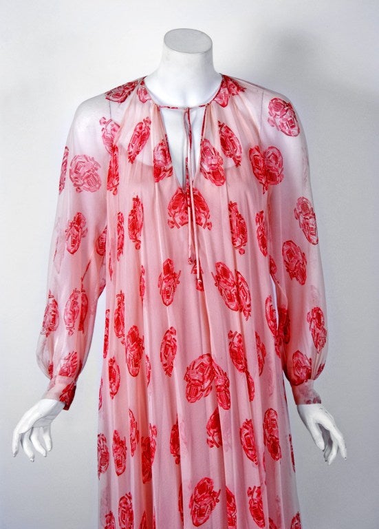 1970's Galanos Pink Abstract-Floral Print Silk-Chiffon Bohemian Goddess Dress