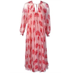 1970's Galanos Pink Abstract-Floral Print Silk-Chiffon Bohemian Goddess Dress