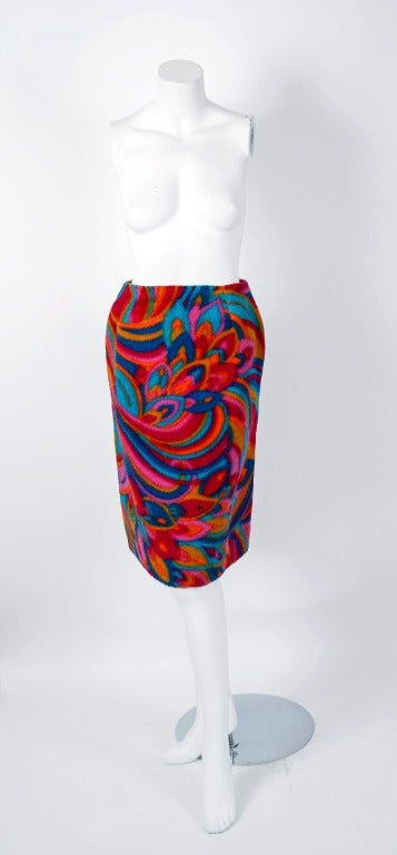 1960's Bill Blass Psychedelic Op-Art Print Wool Double-Breasted Mod Coat & Skirt Ensemble 1