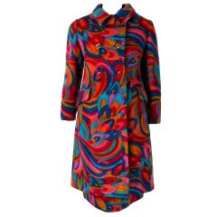 Retro 1960's Bill Blass Psychedelic Op-Art Print Wool Double-Breasted Mod Coat & Skirt Ensemble