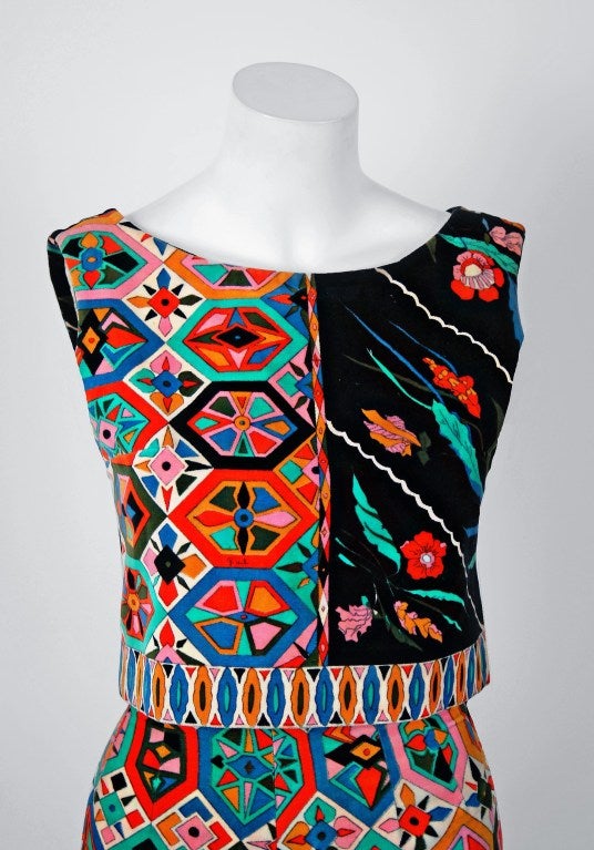 Black 1960's Emilio Pucci Op-Art Print Velvet Sleeveless Blouse & Matching Pants Ensemble