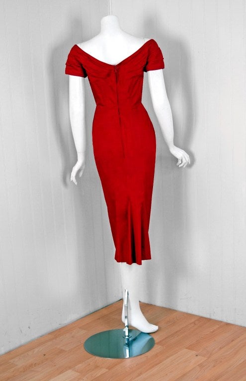 Women's 1950's Ceil Chapman Raspberry-Red Silk Sculpted Hourglass Cocktail Dress