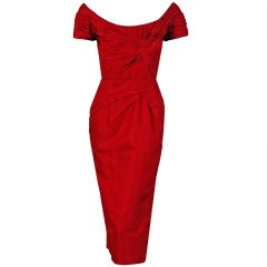 1950's Ceil Chapman Raspberry-Red Silk Sculpted Hourglass Cocktail Dress