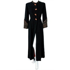 1930's Dramatic Jeweled-Studded Black Wool Full-Length Deco Princess Coat