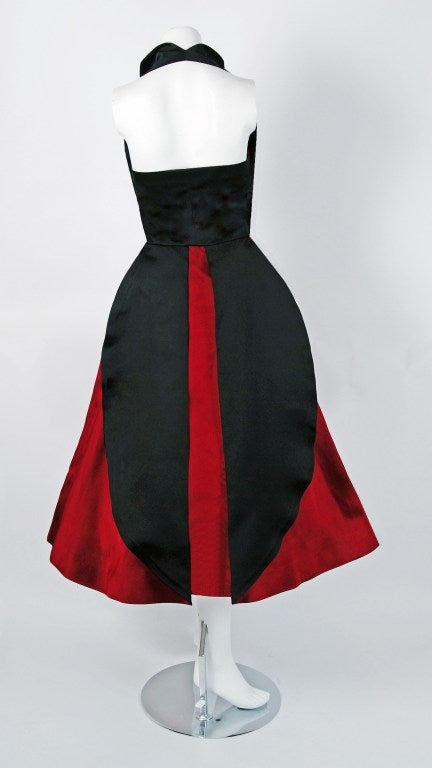 Women's 1950's Sorelle Fontana Couture Ruby-Red & Black Satin Halter Party Dress