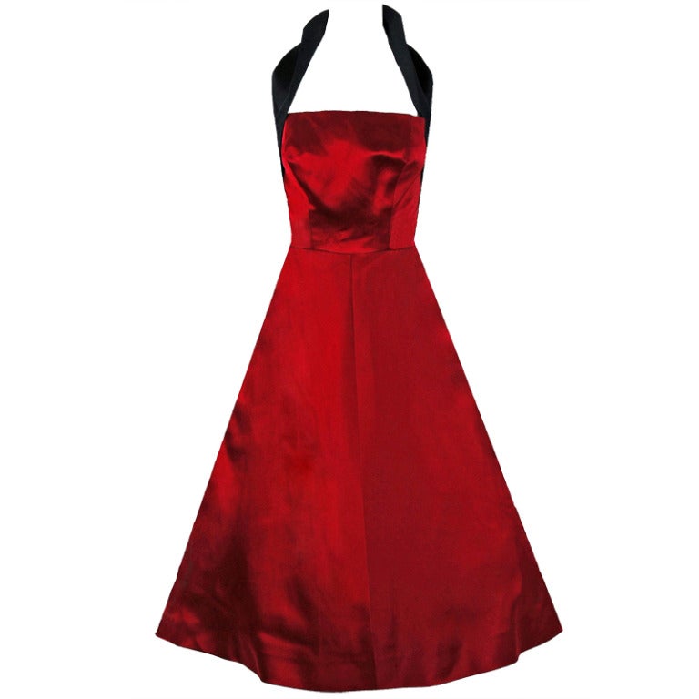 1950's Sorelle Fontana Couture Ruby-Red & Black Satin Halter Party Dress