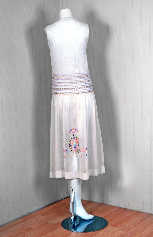Women's 1920's Bohemian Embroidered White-Cotton Smocked Flapper Boho Day Dress