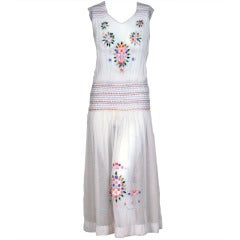 1920's Bohemian Embroidered White-Cotton Smocked Flapper Boho Day Dress