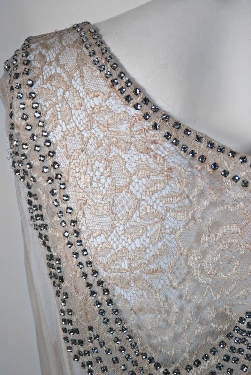 1930's Ethereal Ivory Rhinestone-Lace & Chiffon Bias-Cut Hourglass Gown In Excellent Condition In Beverly Hills, CA