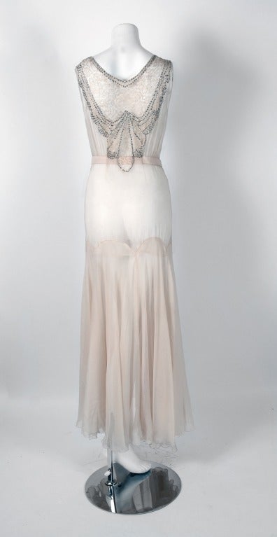 Women's 1930's Ethereal Ivory Rhinestone-Lace & Chiffon Bias-Cut Hourglass Gown