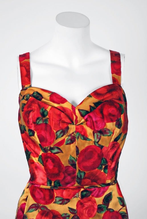 1950's Watercolor Red-Roses Floral Print Satin Hourglass Evening Gown & Jacket In Excellent Condition In Beverly Hills, CA