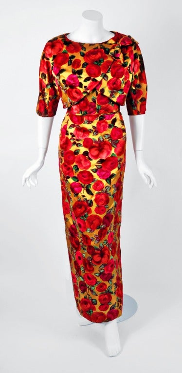 Women's 1950's Watercolor Red-Roses Floral Print Satin Hourglass Evening Gown & Jacket