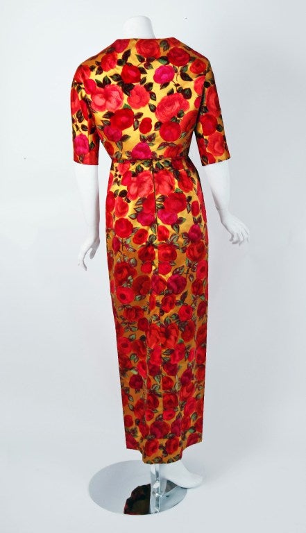 1950's Watercolor Red-Roses Floral Print Satin Hourglass Evening Gown & Jacket 2