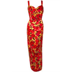 1950's Watercolor Red-Roses Floral Print Satin Hourglass Evening Gown & Jacket