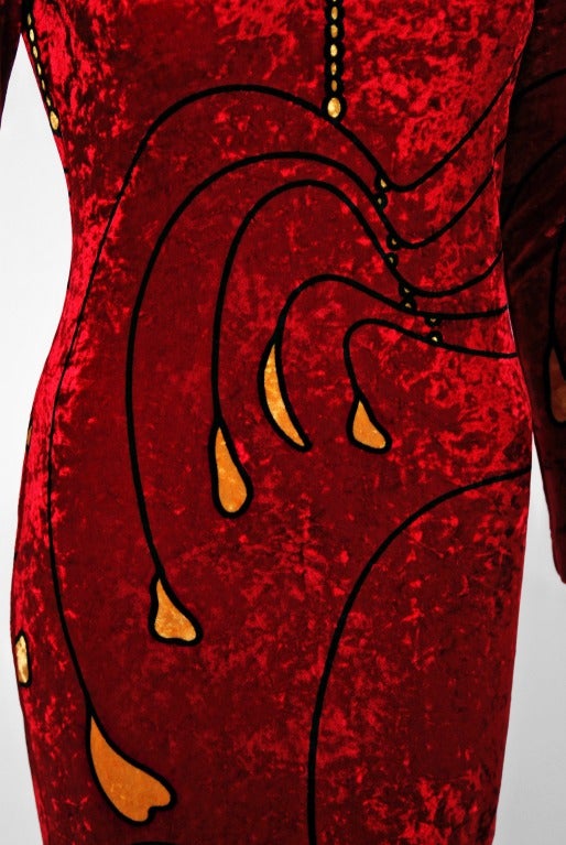 Women's 1990's Gianni Versace Couture Red Velvet Alexander Calder Print Wiggle Dress