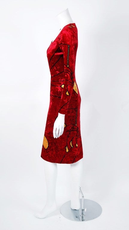 1990's Gianni Versace Couture Red Velvet Alexander Calder Print Wiggle Dress 1