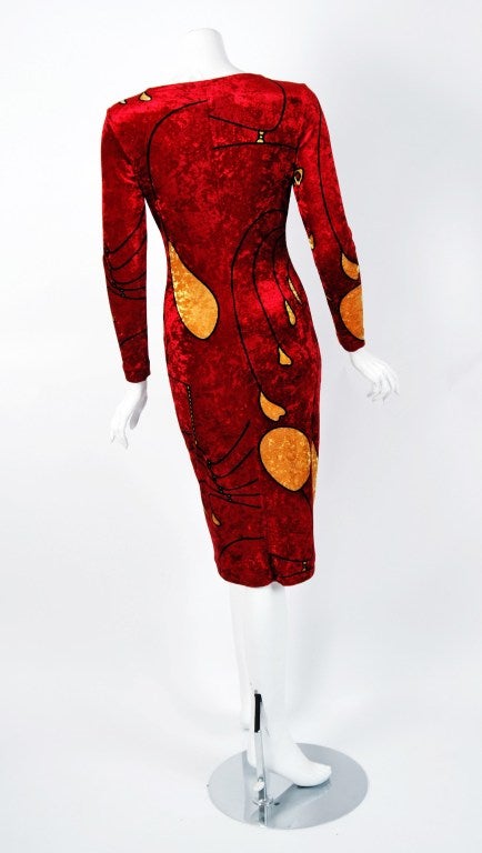 1990's Gianni Versace Couture Red Velvet Alexander Calder Print Wiggle Dress 2