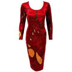 1990's Gianni Versace Couture Red Velvet Alexander Calder Print Wiggle Dress