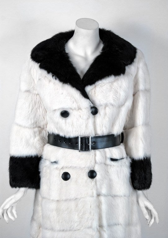 1960's Beautiful Black & White Genuine Rabbit Fur Double-Breasted Mod Coat In Excellent Condition In Beverly Hills, CA