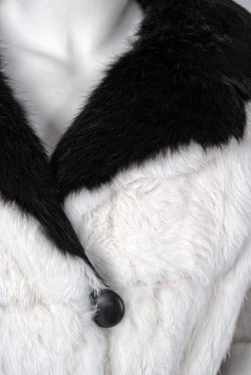 1960's Beautiful Black and White Genuine Rabbit Fur DoubleBreasted Mod Coat at 1stdibs