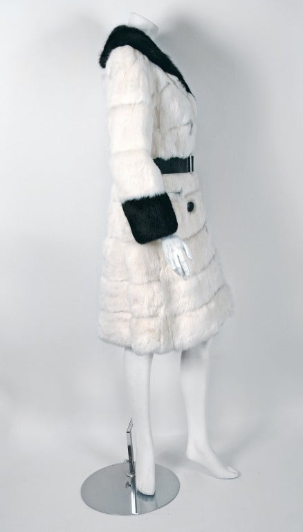 1960's Beautiful Black & White Genuine Rabbit Fur Double-Breasted Mod Coat 1