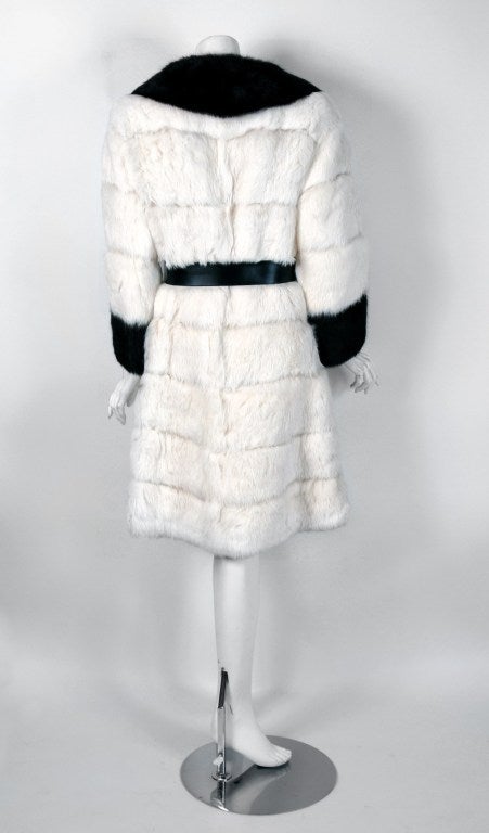 1960's Beautiful Black & White Genuine Rabbit Fur Double-Breasted Mod Coat 2