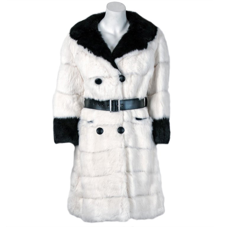 1960's Beautiful Black & White Genuine Rabbit Fur Double-Breasted Mod Coat