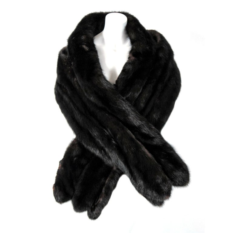 1960's Elegant Black Diamond Mink-Fur Scalloped Long Wrap Shawl Stole