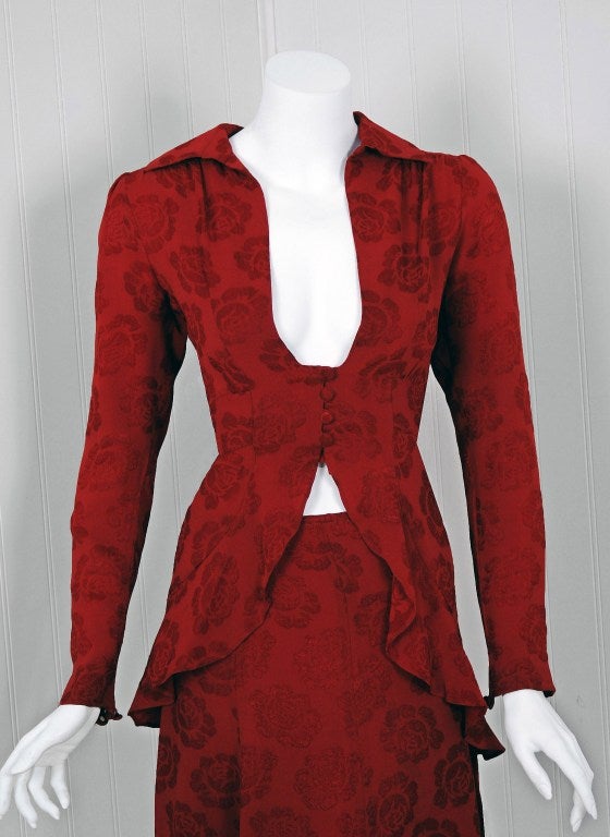 Women's 1970's Ossie Clark Quorum Red-Roses Print Moss-Crepe Dress Set