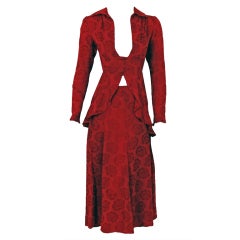 1970's Ossie Clark Quorum Red-Roses Print Moss-Crepe Dress Set