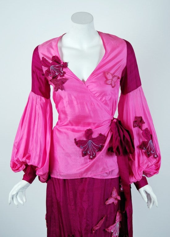 1970's Thea Porter Couture Pink & Fuchsia Applique Silk Billow-Sleeve Dress