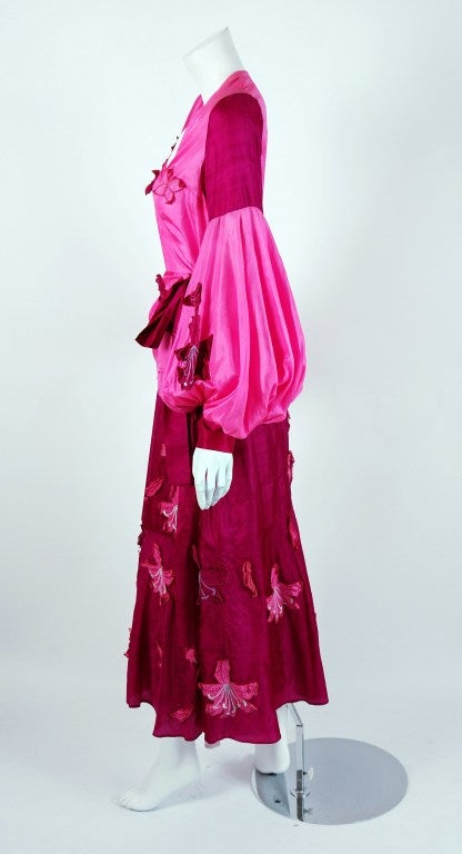 Women's 1970's Thea Porter Couture Pink & Fuchsia Applique Silk Billow-Sleeve Dress