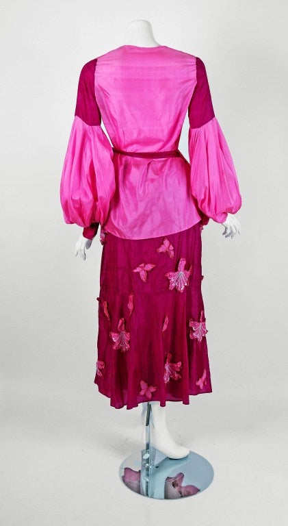 1970's Thea Porter Couture Pink & Fuchsia Applique Silk Billow-Sleeve Dress 1