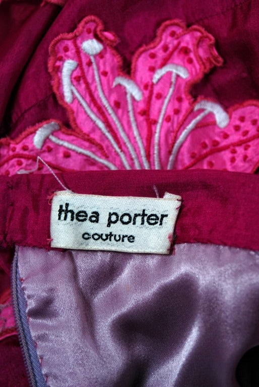 1970's Thea Porter Couture Pink & Fuchsia Applique Silk Billow-Sleeve Dress 2
